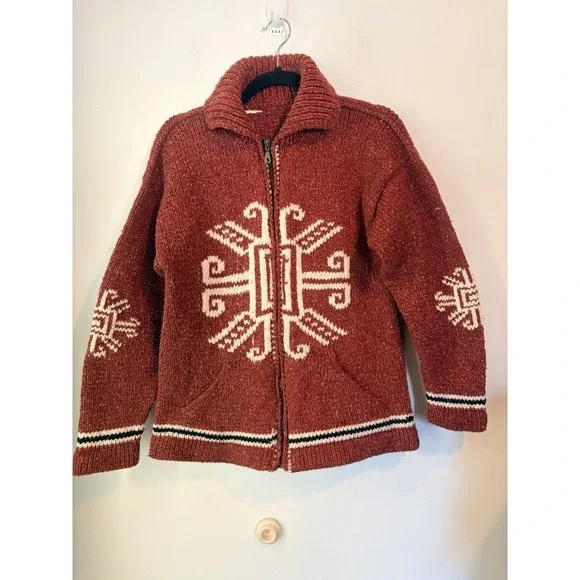 Vintage Hand Knit Cowichan Style Wool Zip Sweater Rust Western Chunky Lodge M/L - Picture 1 of 6